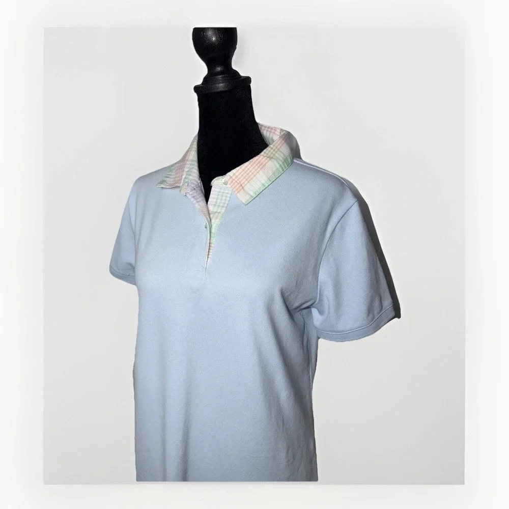 Lands' End Women's Small Light Blue Short Sleeve Plaid Collared Polo Shirt Dress - Picture 2 of 7